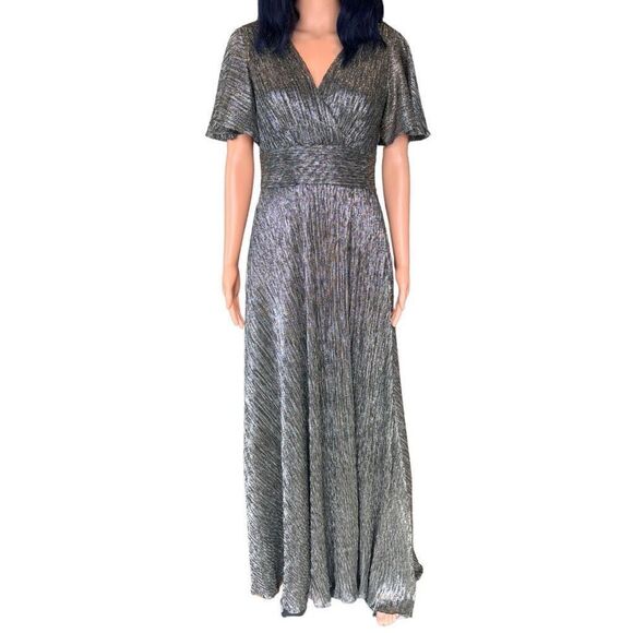 NWT Betsy & Adam Black Silver Metallic V Neck Flutter Sleeve Gown Dress - Picture 3 of 7